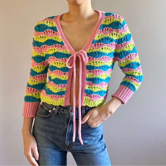 Zara crochet chunky knit tie front cardigan pink blue green - Picture 2 of 9